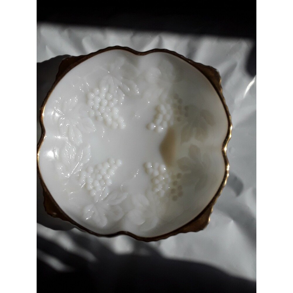 Vintage Milk Glass Pedestal Serving Dish w Gold Rim & Embossed Grape Clusters - Picture 1 of 1